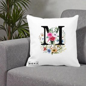 Cadou Personalizat - Perna Personalizata Monogram Litera M cu Flori Acuarela, 40x40 cm, Alba Mata, Husa Detasabila, Perna Inclusa, BEKZ®