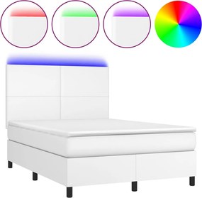 vidaXL Pat cu arcuri, saltea și LED, alb, 140x200 cm, piele eco