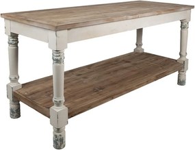 Masă de prezentare shabby chic din lemn, natur, cu raft inferior și picioare strunjite, finisaj alb antichizat, 85 x 180 x 70 cm, „Clarisse”