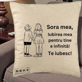 Cadou pentru Sora - Perna Personalizata Sora Mea Te Iubesc Copii Tinand Maini Line Art, 40x40 cm, Bej, Husa Detasabila, Perna Inclusa, BEKZ®
