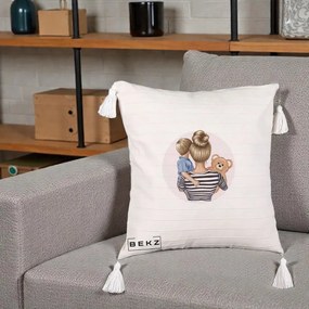Cadou pentru Mama - Perna Personalizata Mama si Baietelul cu Ursulet, 40x40 cm, Bej cu Franjuri, Husa Detasabila, Perna Inclusa, BEKZ®