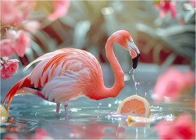 Tablou pe sticlă - Flamingo în iaz (70x50 cm)