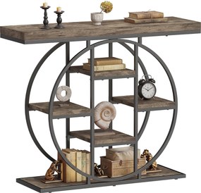 HOMCOM Masă consolă industrială cu rafturi și cadru circular din oțel, 100 x 30 x 81,5 cm, maro rustic | Aosom Romania