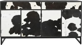 Bufet negru, stil etnic, din lemn de mango și metal, cu 4 uși și 2 sertare din piele de vacă cu păr, 90 x 172 x 45 cm, „Vachette”