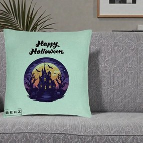 Perna Decorativa Happy Halloween Casa Bantuita Violet, 40x40 cm, Verde Menta, Husa Detasabila, Perna Inclusa, BEKZ®