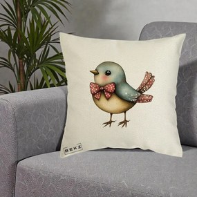 Perna Decorativa Pasare Bleu cu Fundita Rosie, 40x40 cm, Ecru, Husa Detasabila, Perna Inclusa, BEKZ®