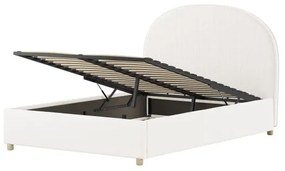 Set MOON: pat tapițat pentru copii 90 x 200 cm, alb, cu țesătură bouclé și spațiu de depozitare + taburet alb multifuncțional – Vipack
