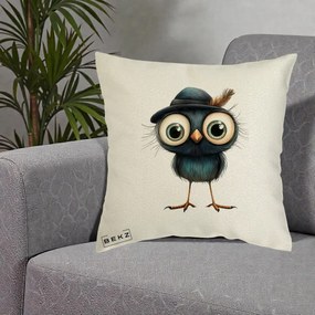 Perna Decorativa Pui Misterios cu Palarie Neagra, 40x40 cm, Ecru, Husa Detasabila, Perna Inclusa, BEKZ®