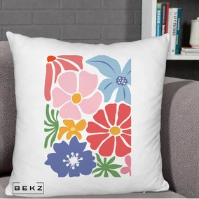 Perna Decorativa Flori Grafice Roz-Rosu-Albastru, 40x40 cm, Alb Pufos, Husa Detasabila, Perna Inclusa, BEKZ®