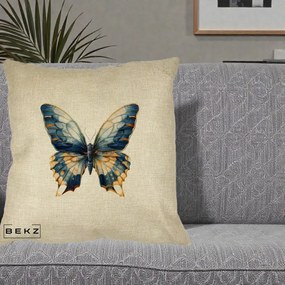 Perna Decorativa Fluture Albastru Auriu Elegant, 40x40 cm, Crem, Husa Detasabila, Perna Inclusa, BEKZ®