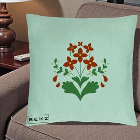 Perna Decorativa Buchet Floral Folk Rosu-Verde, 40x40 cm, Verde Menta, Husa Detasabila, Perna Inclusa, BEKZ®