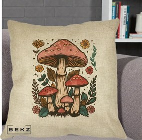 Perna Decorativa Ciuperci Vintage Floral, 40x40 cm, Crem, Husa Detasabila, Perna Inclusa, BEKZ®