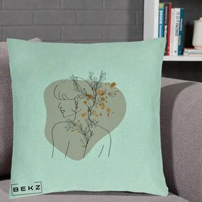 Perna Decorativa Femeie cu Flori Line Art Boho, 40x40 cm, Verde Menta, Husa Detasabila, Perna Inclusa, BEKZ®