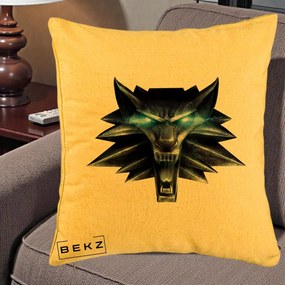 Perna Decorativa The Witcher Wolf Head, 40x40 cm, Galben, Husa Detasabila, Perna Inclusa, BEKZ®