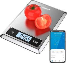 Cântar de bucătărie inteligent RENPHO Calibra 1, până la 5 kg, 20 de funcții de analiză, sincronizare cu aplicații mobile, funcție TARE, mod „cafea”, sticlă călită, culoare argintie