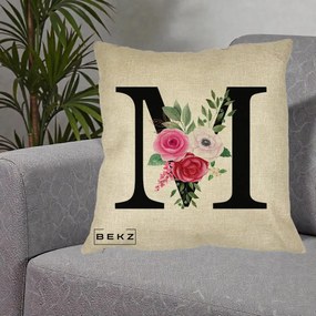 Cadou Personalizat - Perna Personalizata Monograma Florala Litera M cu Trandafiri si Anemona, 40x40 cm, Crem, Husa Detasabila, Perna Inclusa, BEKZ®