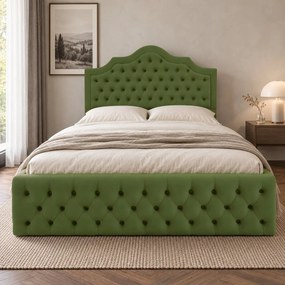 Pat tapițat din catifea Imperio cu nasturi 140×200 cm, kaki, cu ladă de depozitare