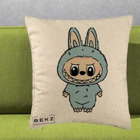 Perna Personalizata Labubu Albastru-Gri Solo, 40x40 cm, Bej, Husa Detasabila, Perna Inclusa, BEKZ®