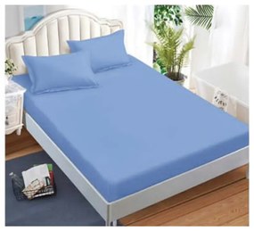 Lenjerie de pat cu elastic, tesatura tip finet, uni, pat 2 persoane, albastru deschis, 6 piese, FNE-185