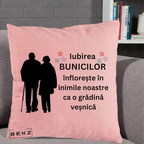 Cadou pentru Bunici - Perna Personalizata Bunicii Iubirea Infloreste Silueta Neagra Flori, 40x40 cm, Roz, Husa Detasabila, Perna Inclusa, BEKZ®