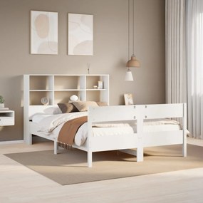 vidaXL Pat cu bibliotecă fără saltea, alb, 160x200 cm, lemn masiv pin