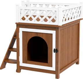 PawHut Casă pentru pisici, cu două nivele, cu balcon și scară, pentru interior și exterior, pentru pisici și iepuri, lemn de brad, Maro | Aosom Romania