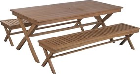 Set dining exterior din lemn masiv de tec, masă și 2 bănci, finisaj natural, „Marino”