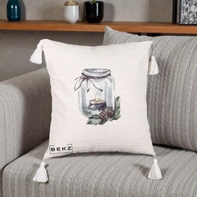 Perna Decorativa Felinar cu Lumanare si Conuri, 40x40 cm, Bej cu Franjuri, Husa Detasabila, Perna Inclusa, BEKZ®