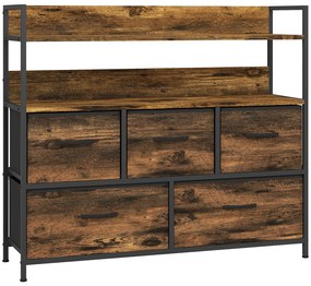 HOMCOM Comodă, mobilier de depozitare, 5 sertare din material textil pliabile și detașabile și rafturi, 98 x 29 x 85 cm, maro rustic | Aosom Romania