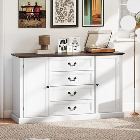 HOMCOM Credență de Bucătărie, Mobilier de Bucătărie cu 4 Sertare Soft Close, Blat Gros, Bufet cu Rafturi Reglabile, Stil Rustic, pentru Sufragerie, Sala de Mese, 147x40x87 cm, Alb | Aosom Romania