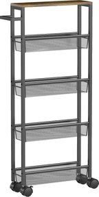 HOMCOM Cărucior de bucătărie cu 4 roți, cărucior de depozitare cu roți, blat cu aspect de lemn, structură metalică, 47x13x96,5 cm, negru | Aosom Romania