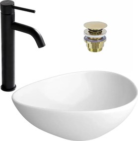 Pachet lavoar pe blat Cersanit Moduo alb 44 cm, baterie lavoar Rea Lungo negru si ventil lavoar Click-Clack auriu