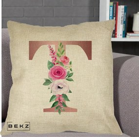 Cadou Personalizat - Perna Personalizata Monograma Rose Gold Litera T, 40x40 cm, Crem, Husa Detasabila, Perna Inclusa, BEKZ®