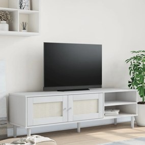 Comoda TV SENJA aspect ratan alb, 158x40x49 cm, lemn masiv pin