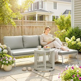 Outsunny Set mobilier de grădină din poliratan 3 piese, set lounge cu chaiselongue canapea pentru două persoane masă cu sticlă perne detașabile | Aosom Romania