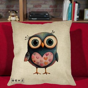 Perna Decorativa Bufnita cu Inimioare Roz, 40x40 cm, Crem, Husa Detasabila, Perna Inclusa, BEKZ®