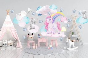 Autocolant de perete pentru fete unicorn și iepurași pe cer 120 x 240 cm