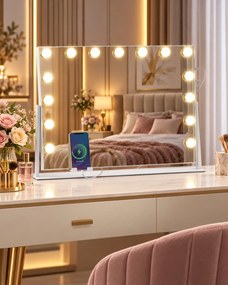 Oglindă cosmetică, sistem iluminare LED cu 3 culori, Luminozitate reglabilă, Senzor Tactil, Port încărcare USB+Type C, Oglindă de mărire 10X, Alb