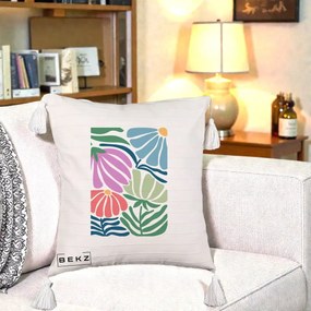 Perna Decorativa Flori Grafice Multicolore Modern, 40x40 cm, Bej cu Franjuri, Husa Detasabila, Perna Inclusa, BEKZ®