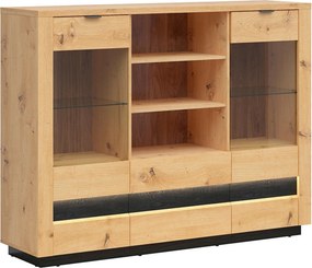 Vitrina OSTIA, stejar artisan/negru, PAL/sticla, 161x42x124 cm