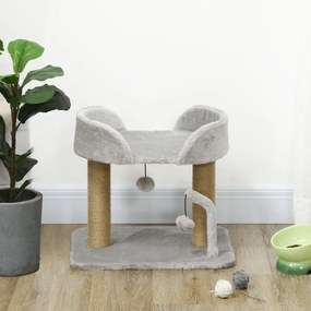 PawHut Arbore de pisici cu zgâriere design cu 2 jucării mărgea atârnate 2 stâlpi de iută platformă de pluș iută 48 x 38 x 42 cm gri | Aosom Romania