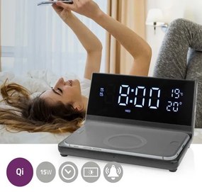 Nedis WCACQ20BK - Ceas cu alarmă, ecran LCD și încărcător wireless 15W/5V negru