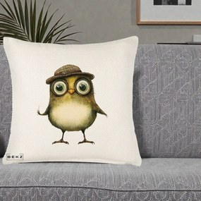Perna Decorativa Pui Intelectual cu Palarie Tweed, 40x40 cm, Crem Reliefat, Husa Detasabila, Perna Inclusa, BEKZ®