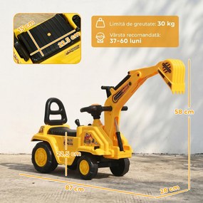 HOMCOM Excavator pentru copii cu cupă și spațiu de depozitare, claxon, volan, 18-48 luni, galben | Aosom Romania