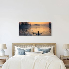 Tablou cu lebăde pe apă în ceață (120x50 cm)