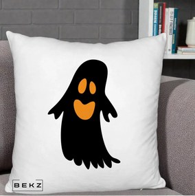 Perna Decorativa Halloween Fantoma Neagra cu Ochi Portocalii, 40x40 cm, Alb Pufos, Husa Detasabila, Perna Inclusa, BEKZ®