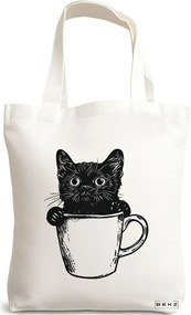 Sacosa de Panza pentru Cumparaturi, Geanta Tote, model Caffeine Cat 16 38 x 34.5 cm, Alba, BEKZ®