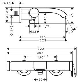 Baterie cada - dus, Hansgrohe, Vivenis, negru mat