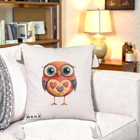 Perna Decorativa Bufnita Rosie cu Inimi Aurii, 40x40 cm, Bej cu Franjuri, Husa Detasabila, Perna Inclusa, BEKZ®