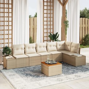 vidaXL Set de canapele de grădină cu 7 piese, cu perne, bej, ratan sintetic, acacia.